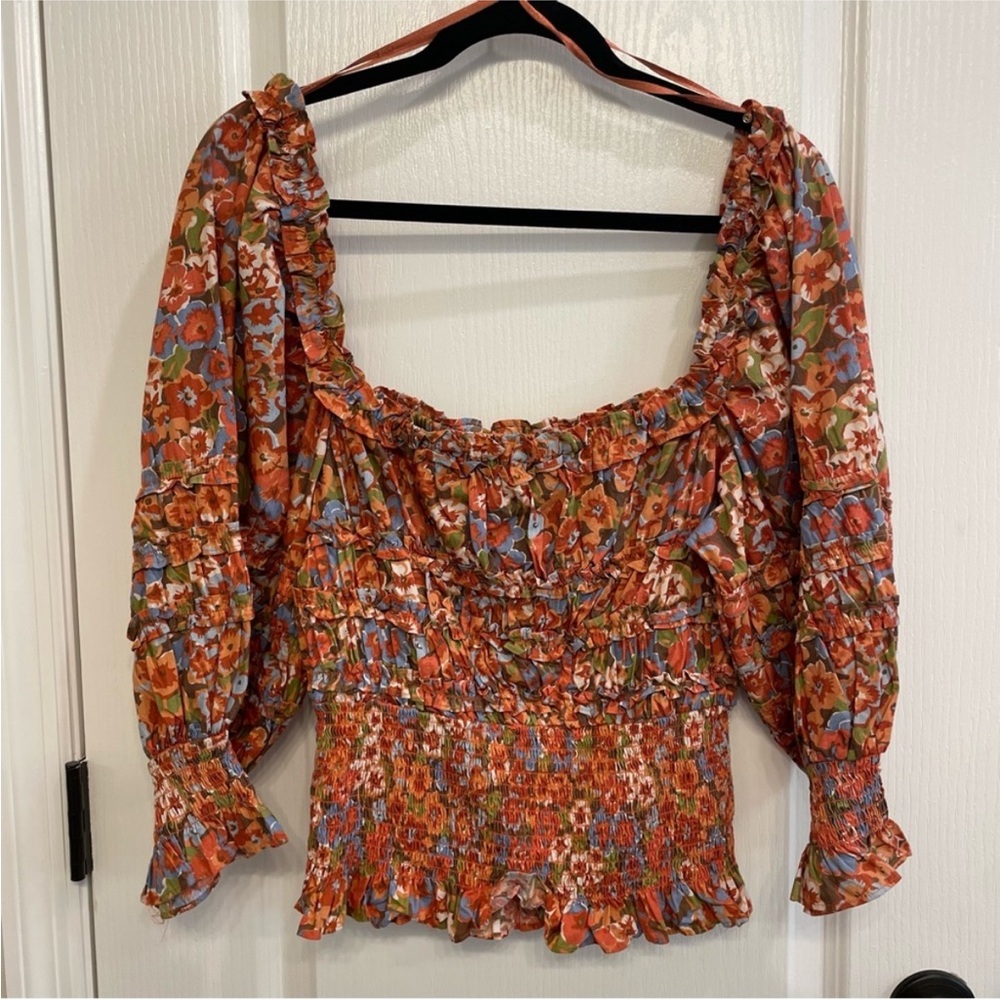 House of Harlow 1960 Boho, Ruffled Neck, Smocked, Puff Sleeve Blouse